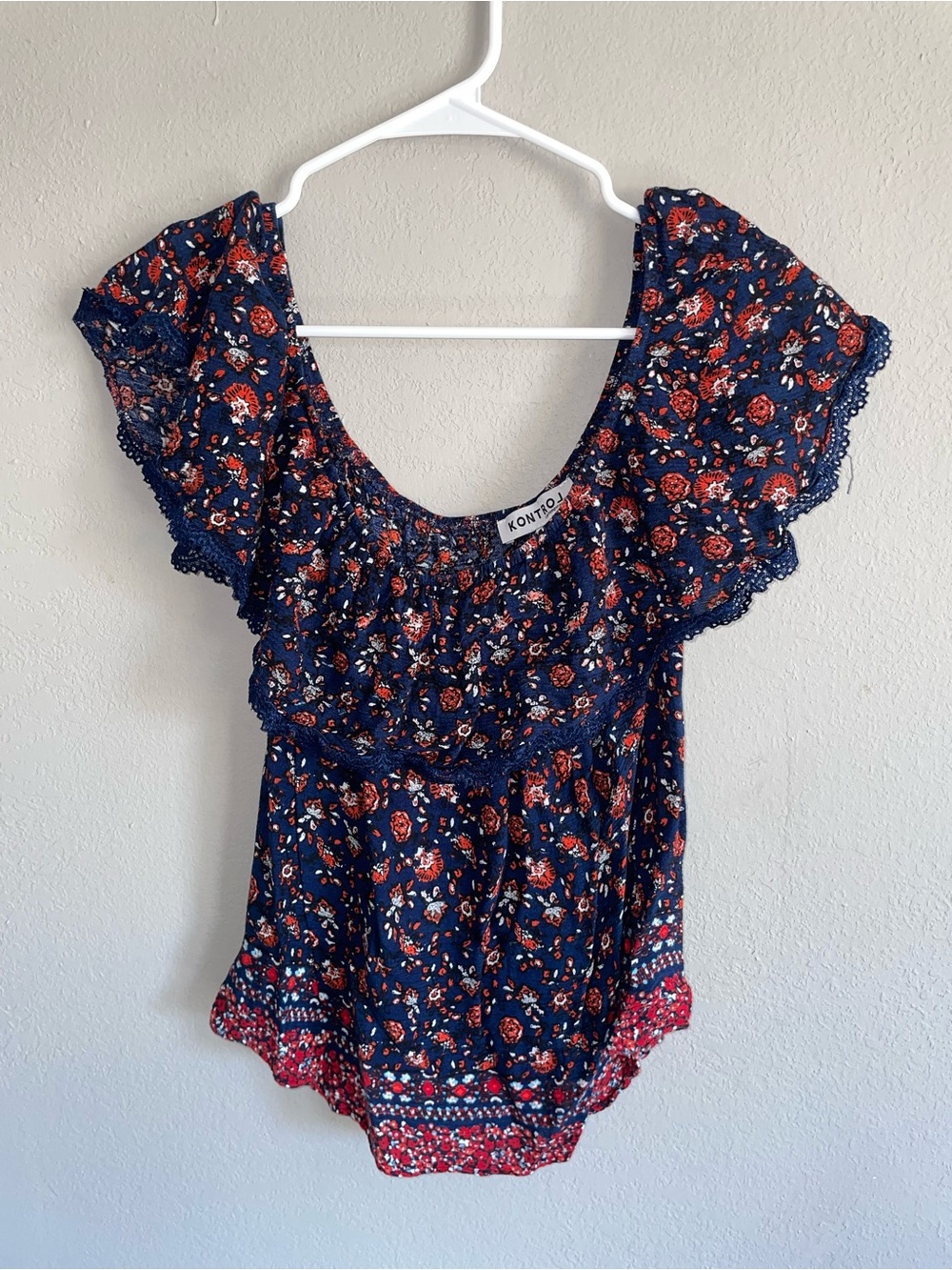 Women’s Navy Floral Ruffle Sleeve Blouse